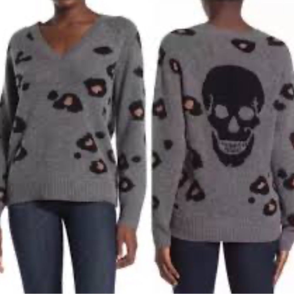 Skull Cashmere Alani Leopard print skull on back Wool and cashmere sweater